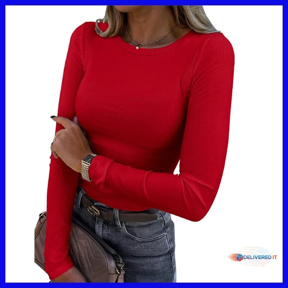Tops - Long Sleeve Ribbed Crewneck T-Shirt Slim Fit Stretchy Soft Rayon Spandex